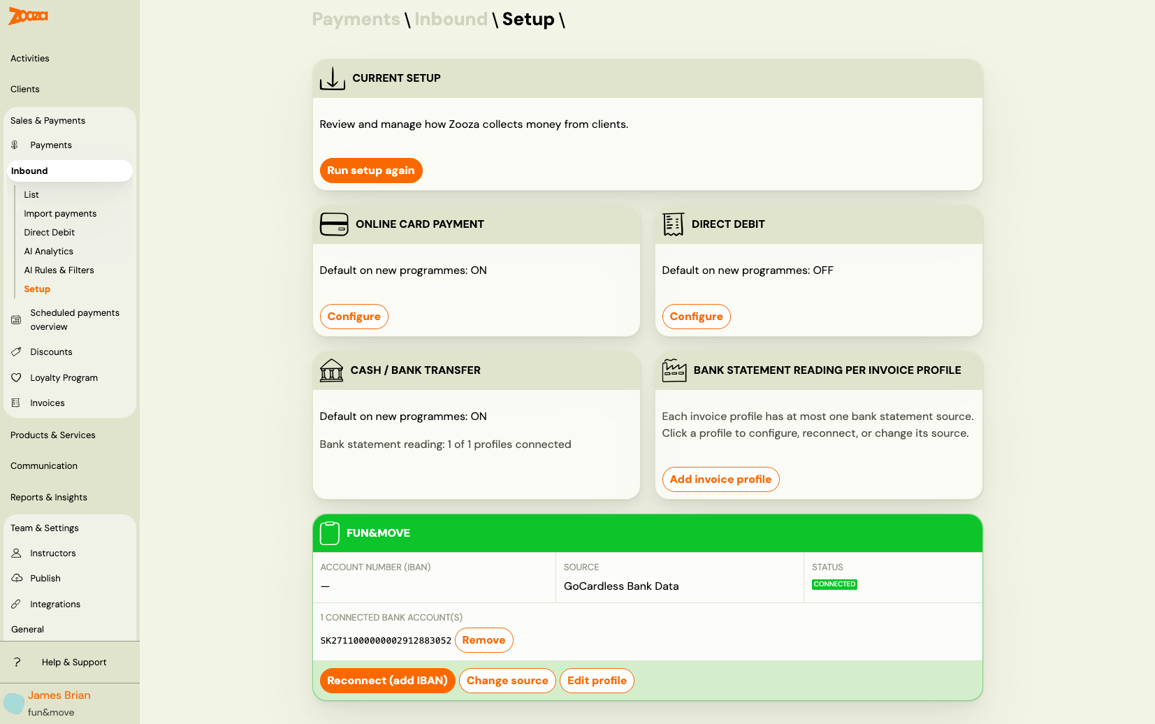 Inbound Payments Setup — current setup screen with channel tiles and per-profile bank statement status