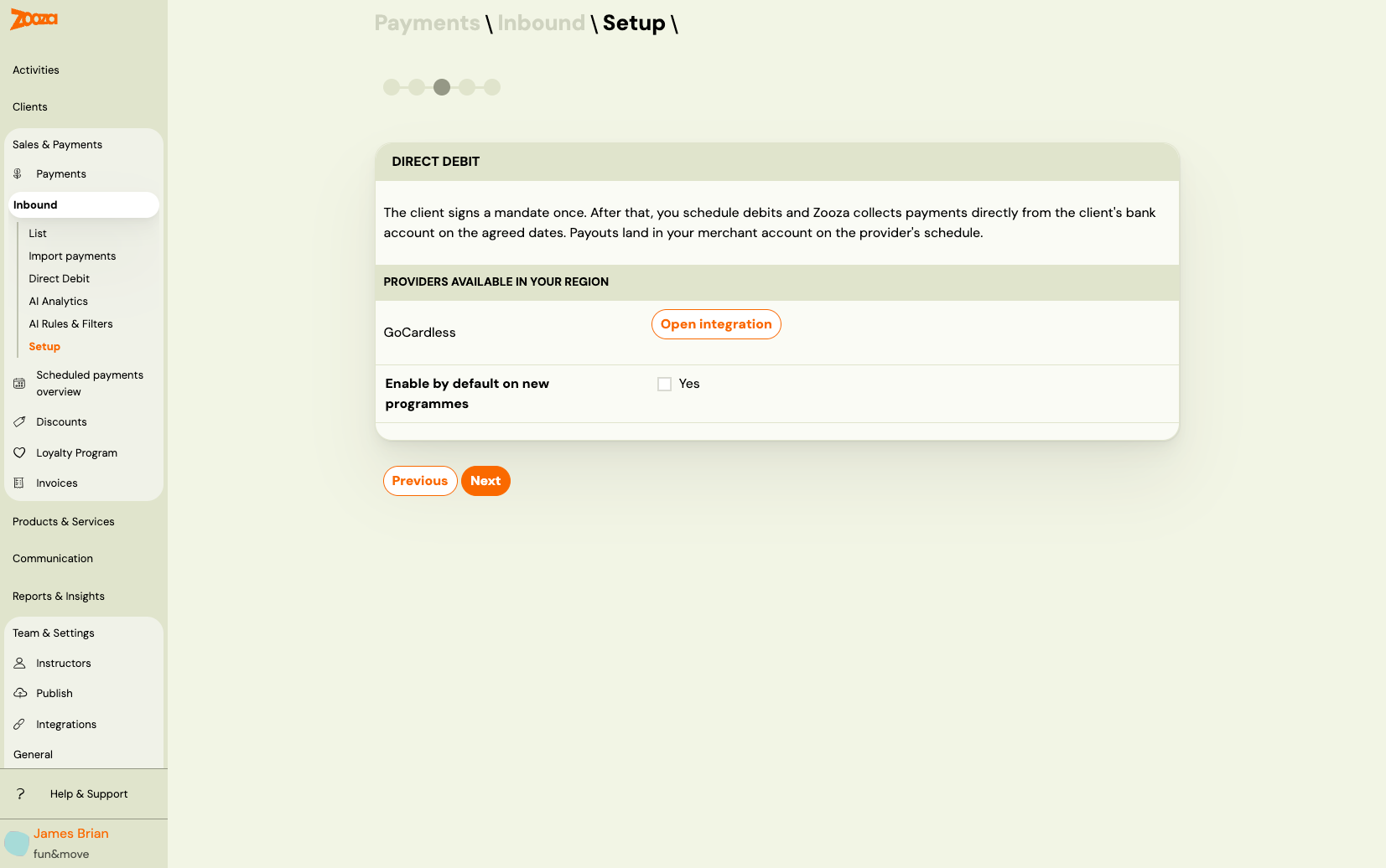 Inbound setup wizard — direct debit step showing GoCardless provider and default toggle