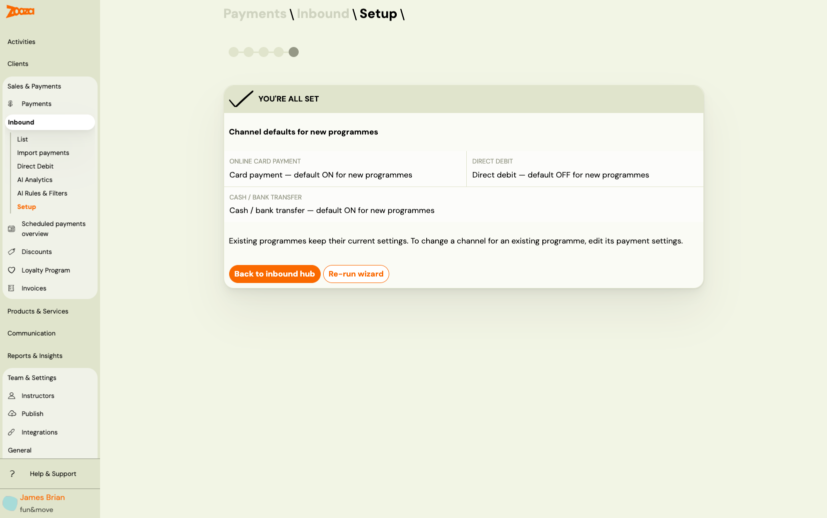 Inbound setup wizard — completion screen showing channel defaults summary