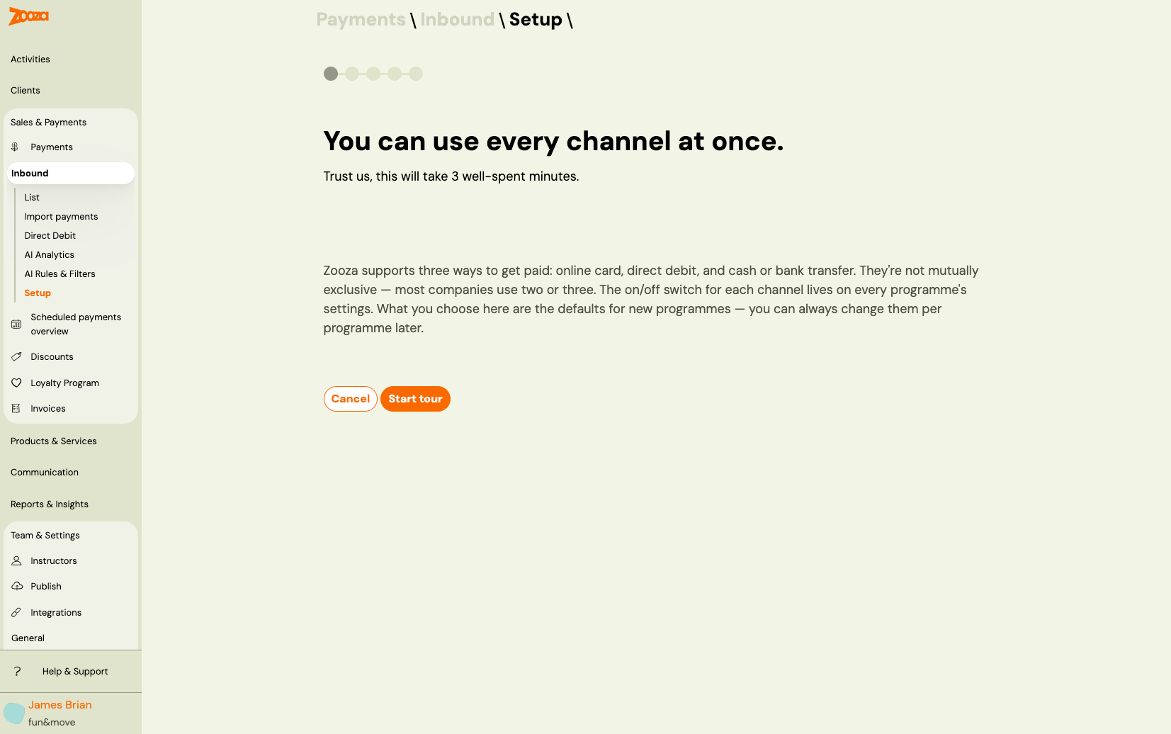 Inbound setup wizard intro screen — "You can use every channel at once"