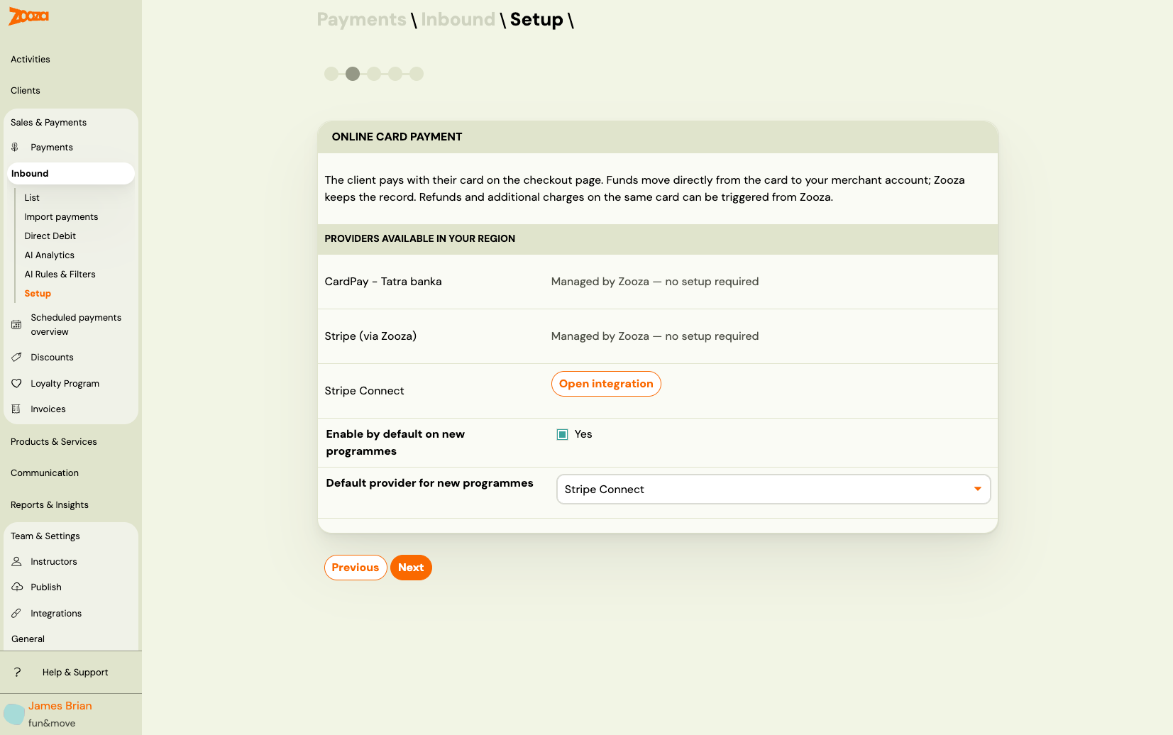 Inbound setup wizard — online card payment step showing providers and default toggle