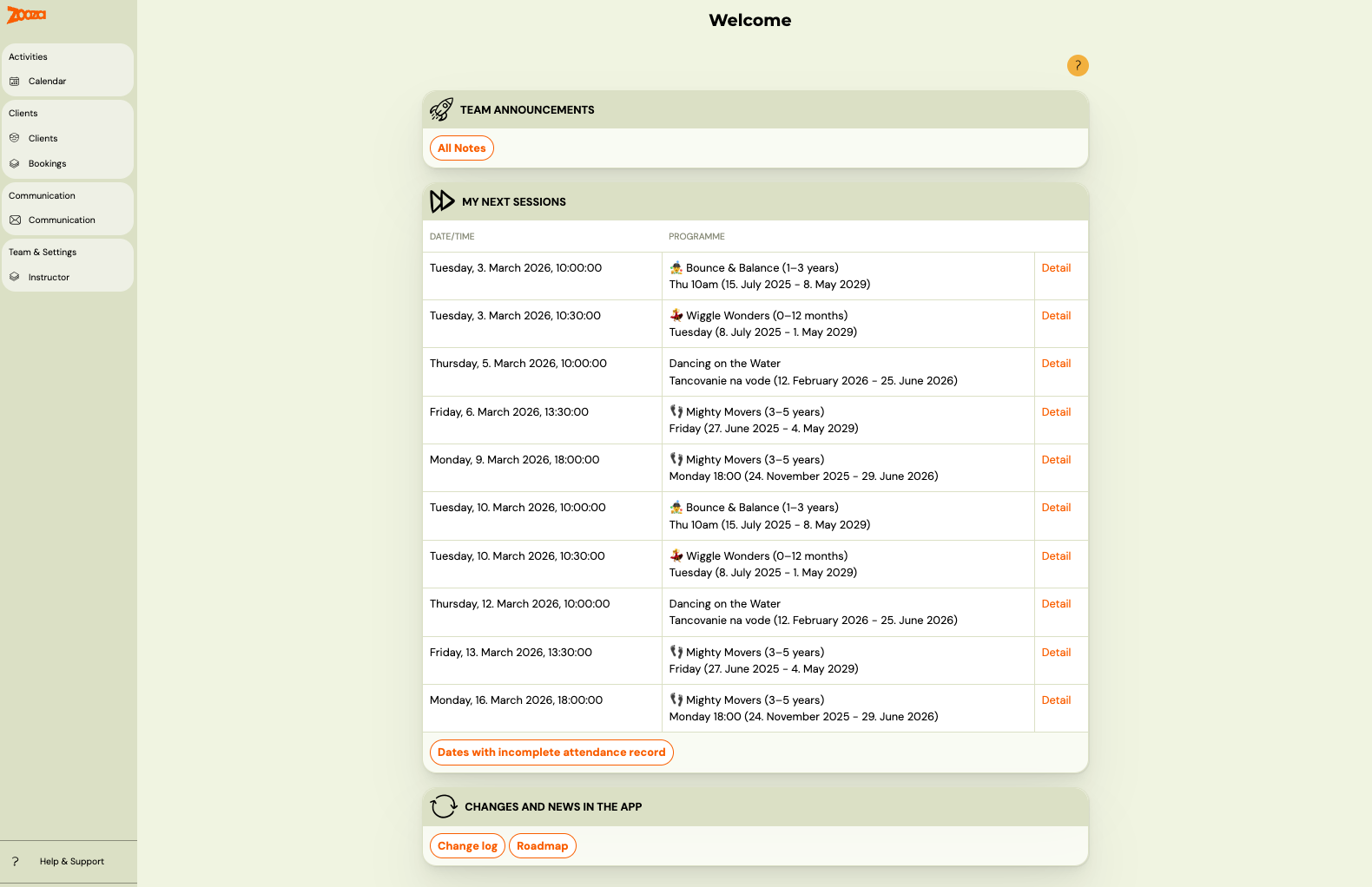 Screenshot — instructor attendance management