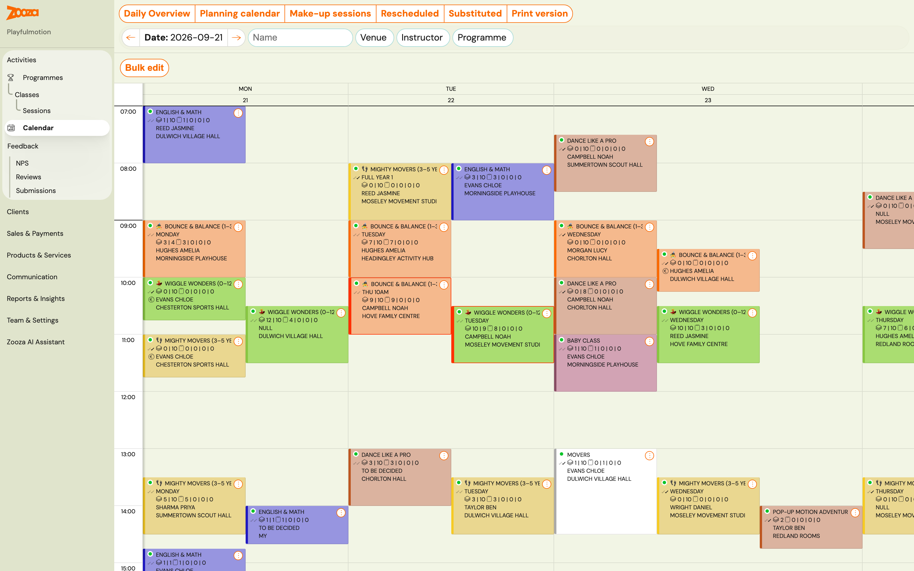 The Calendar week view with sessions coloured by programme