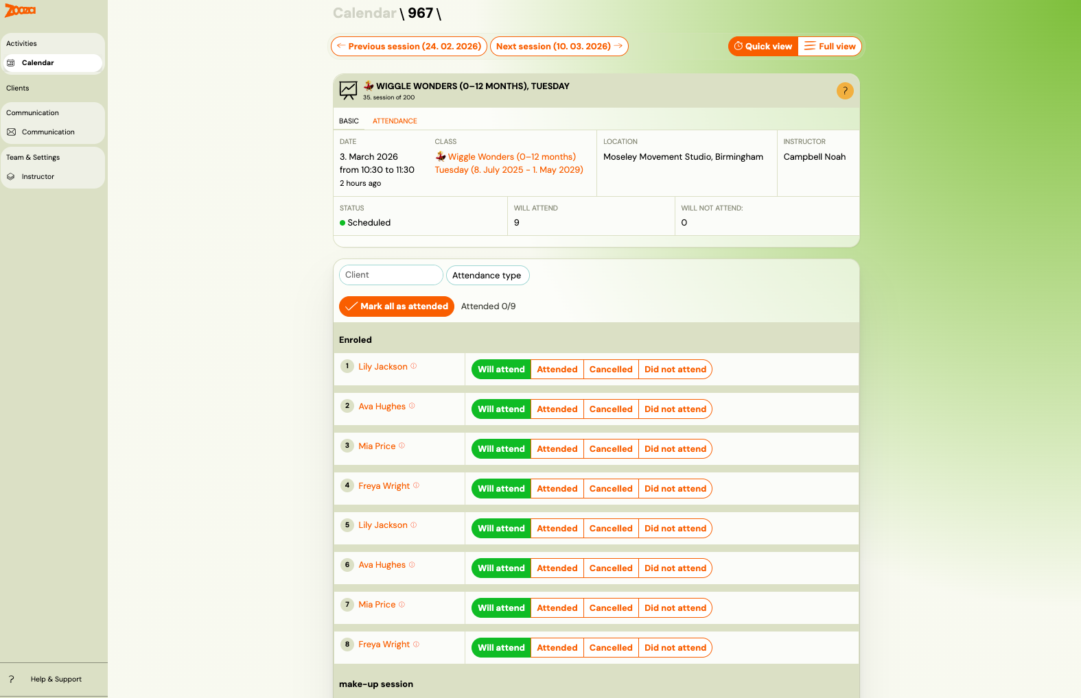 Screenshot — instructor attendance management