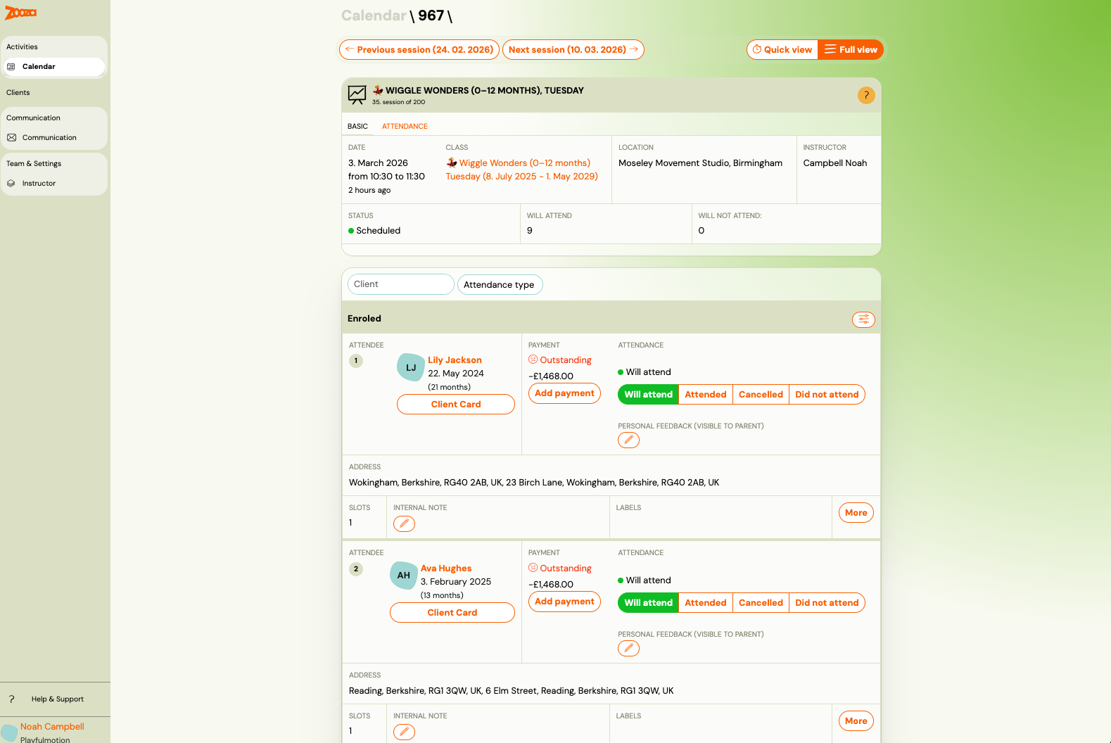 Screenshot — instructor attendance management