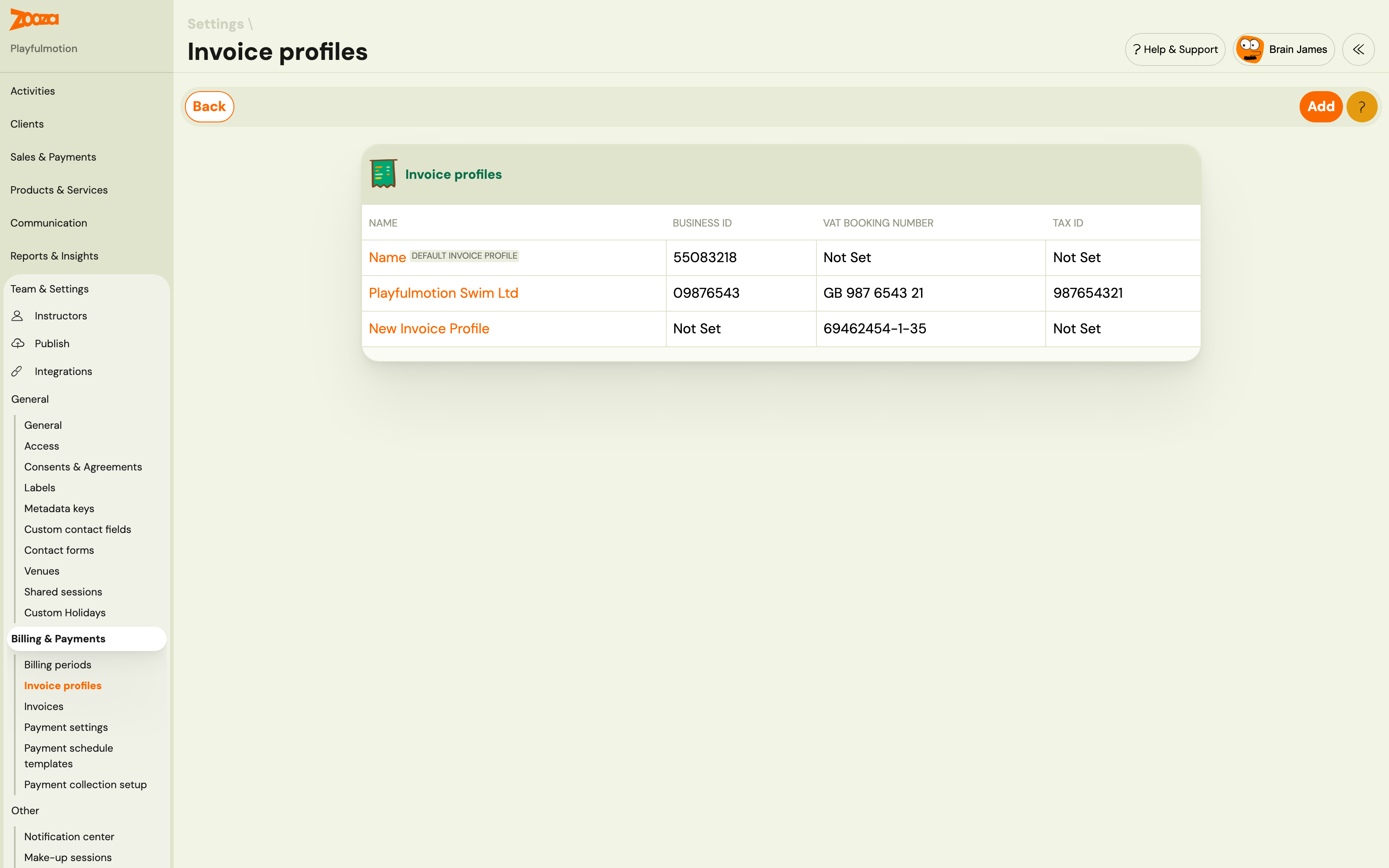 Invoice profiles list showing two legal entities with the default profile badge