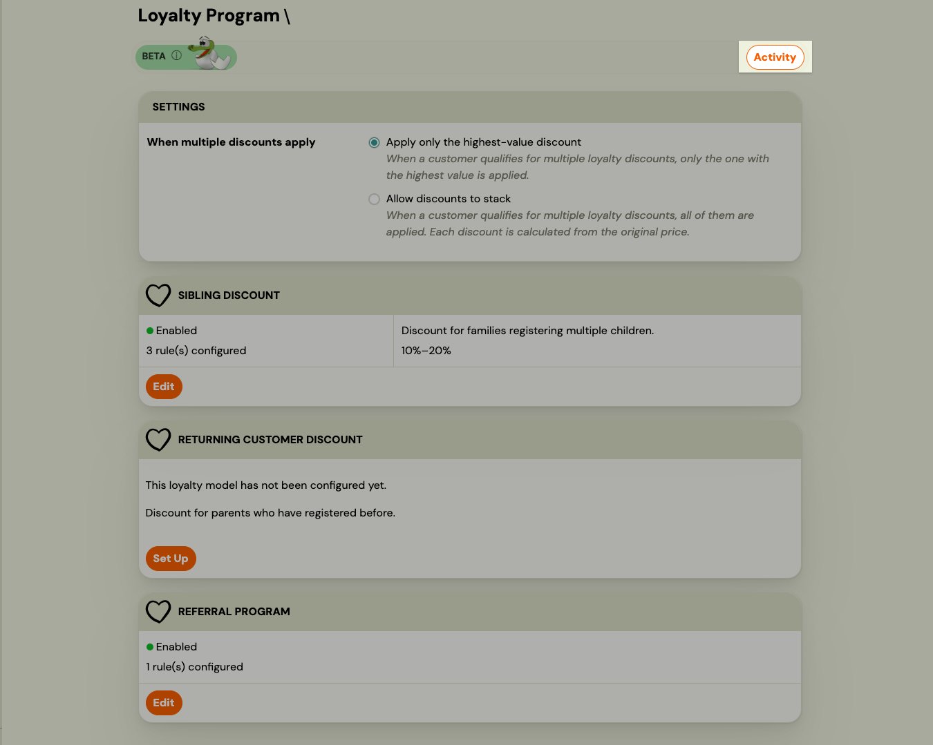 Screenshot — loyalty activity log