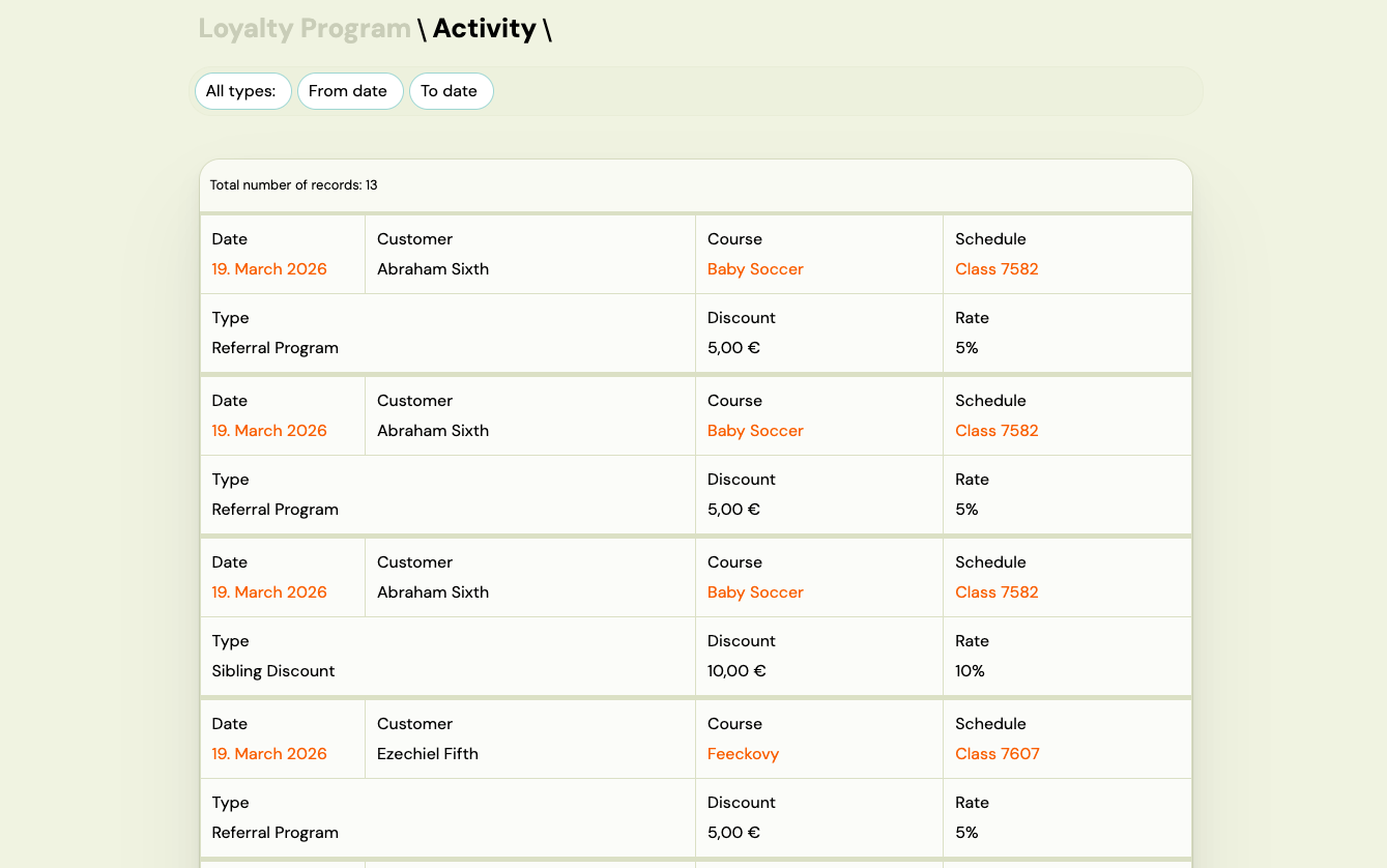Screenshot — loyalty activity log