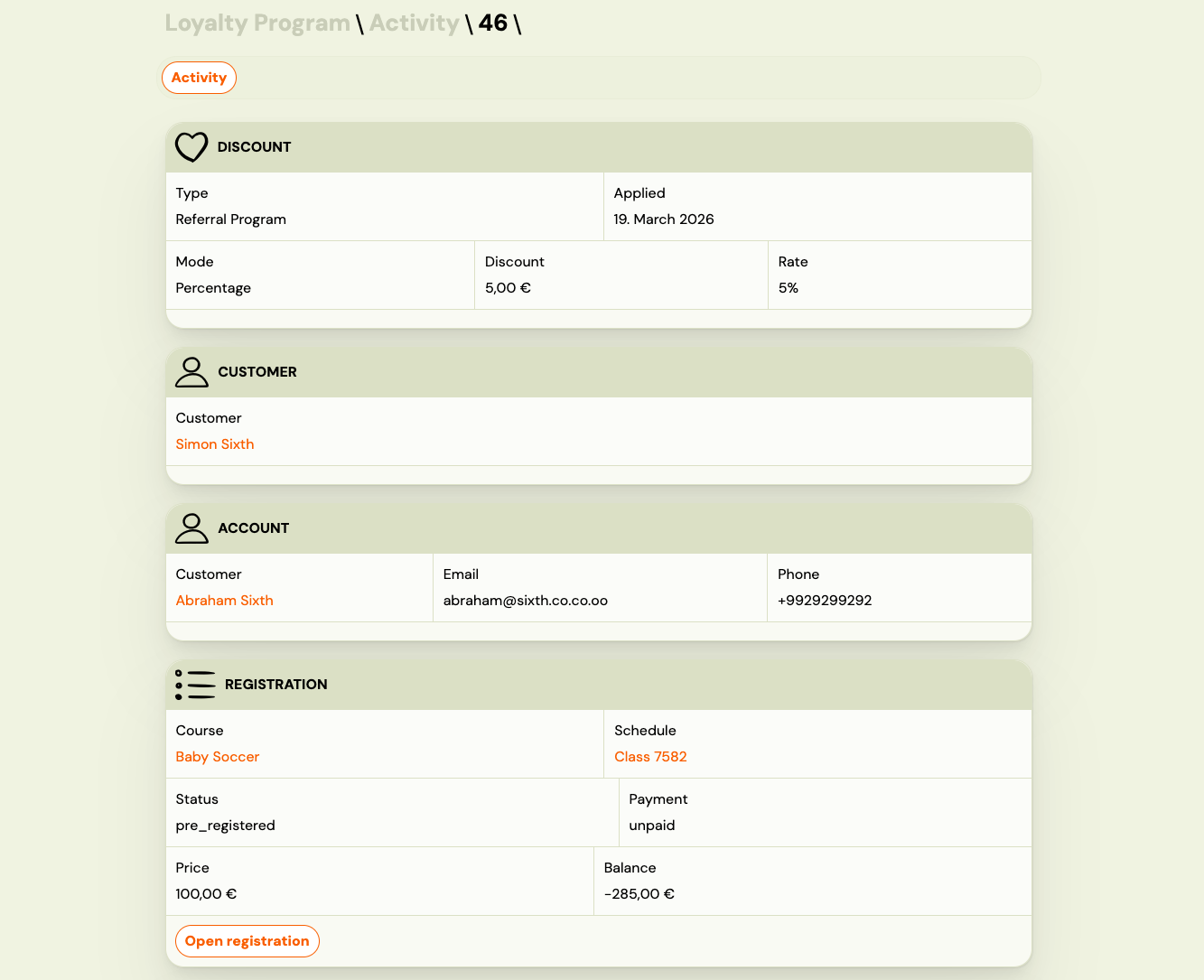 Screenshot — loyalty activity log