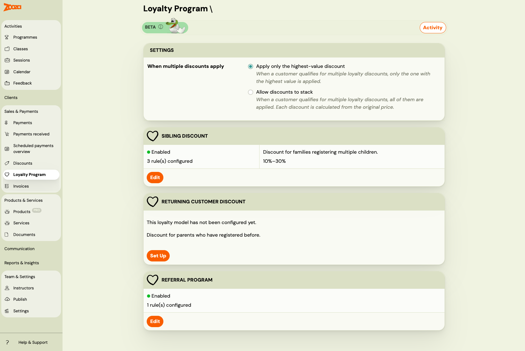 Screenshot — loyalty program
