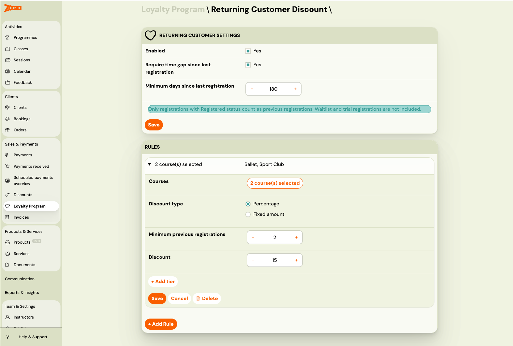 Screenshot — loyalty returning customer