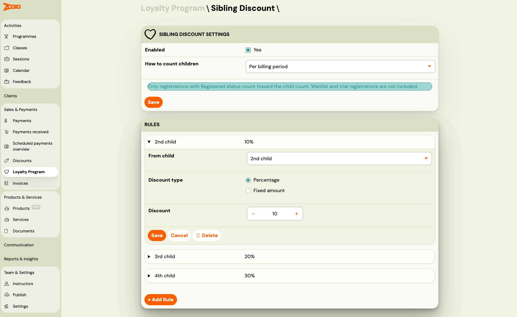 Screenshot — loyalty sibling discount