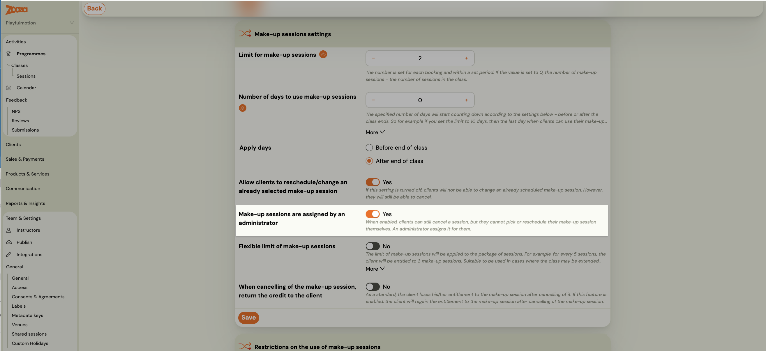 Make-up sessions settings with the administrator-assigned switch turned on