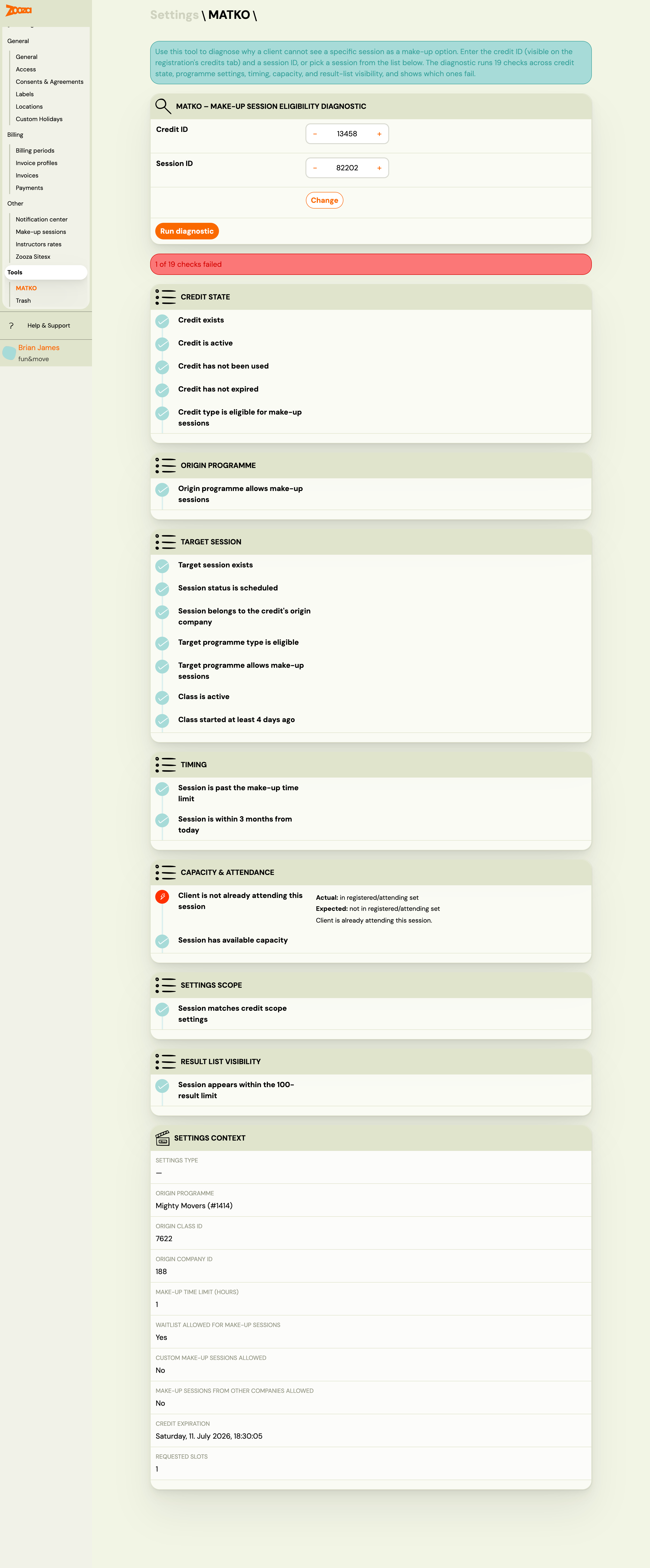 MATKO full diagnostic result — 7 tiers with individual pass/fail checks and a failing capacity check highlighted in red