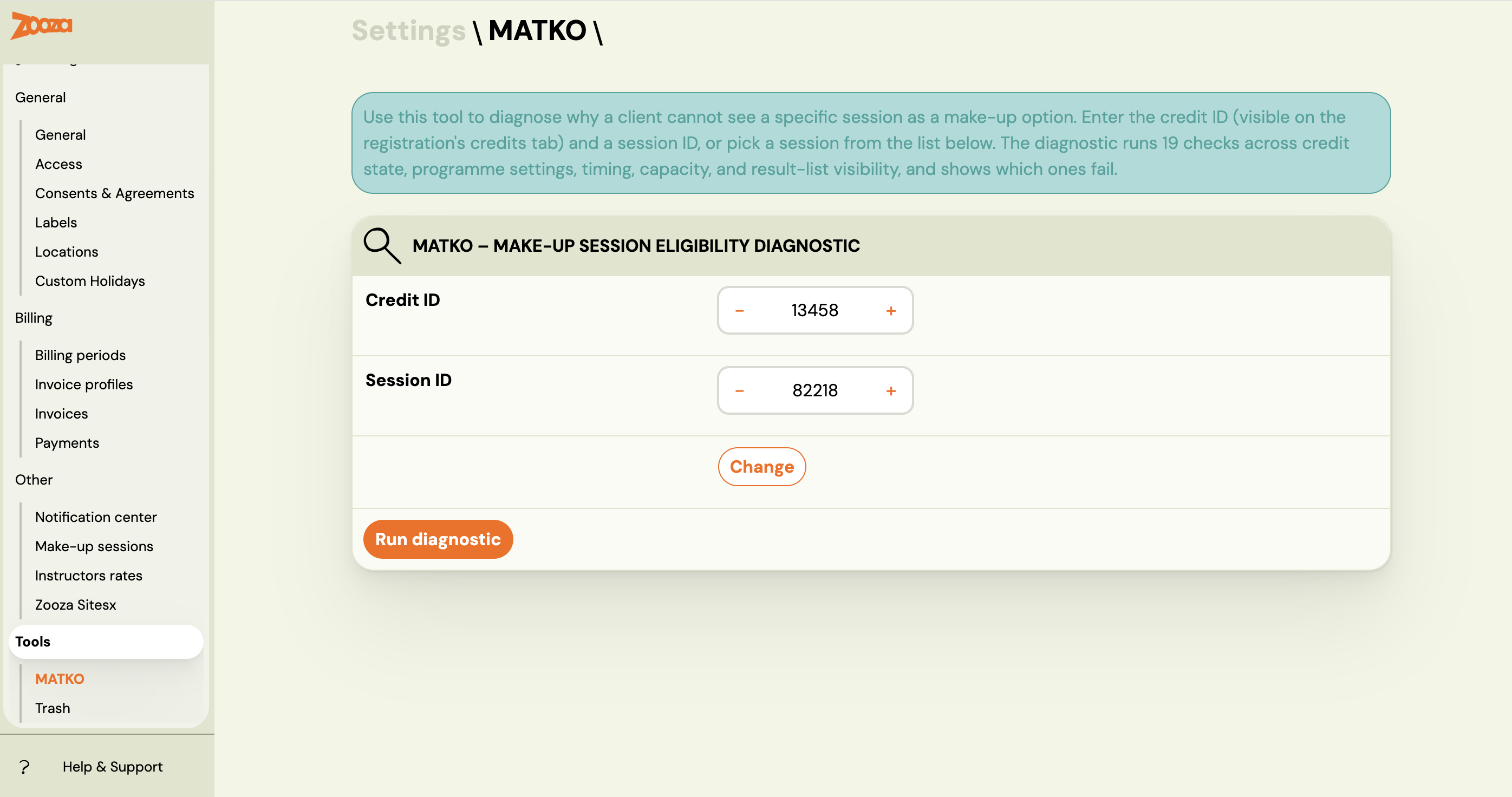 MATKO empty form — Credit ID and Session ID inputs with Run diagnostic button