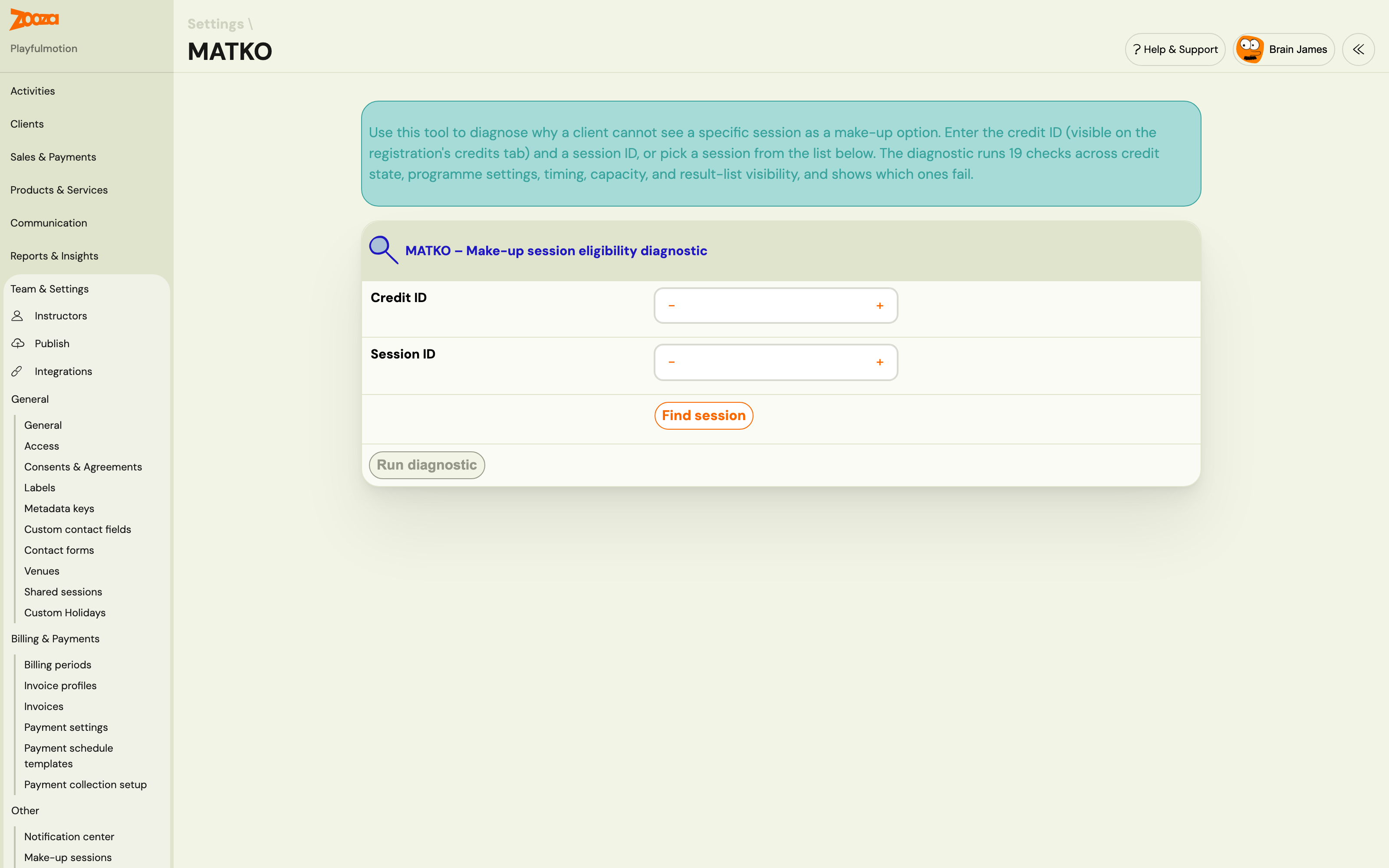MATKO empty form — Credit ID and Session ID inputs with Run diagnostic button