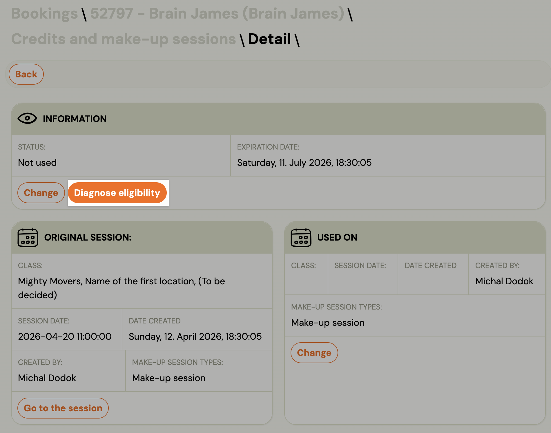 Credit detail page with Diagnose replacements button