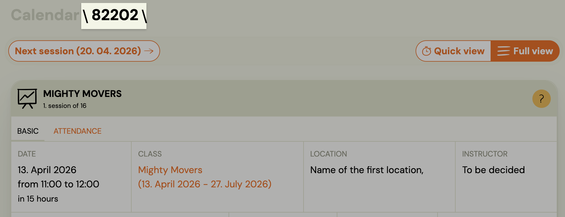 MATKO session picker — filter by date and programme, click a row to pre-fill Session ID