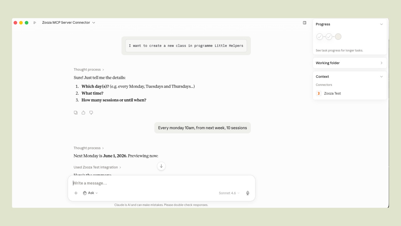 Claude asking for class schedule details: which days, what time, how many sessions