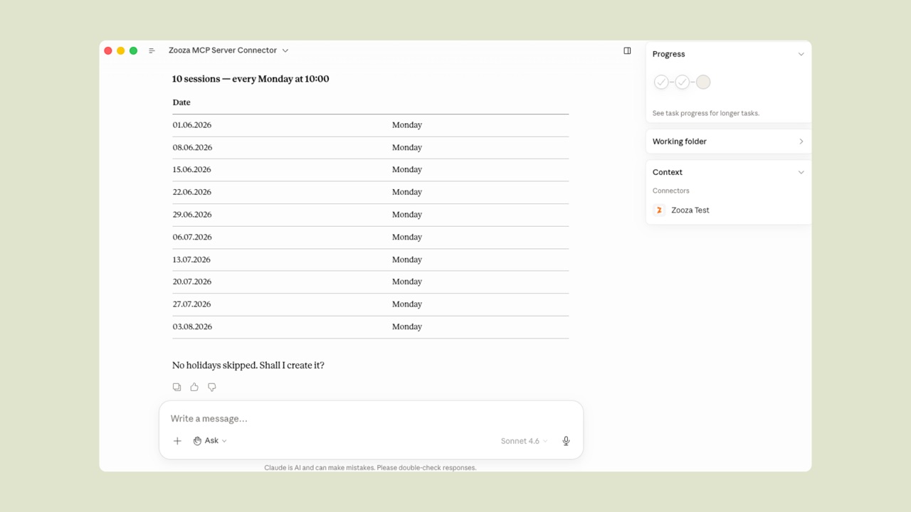 Schedule preview showing 10 Monday sessions from June to August before the class is saved