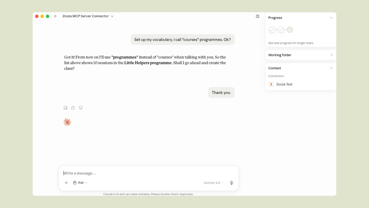 Claude confirming it will use 'programmes' instead of 'courses' in all future responses