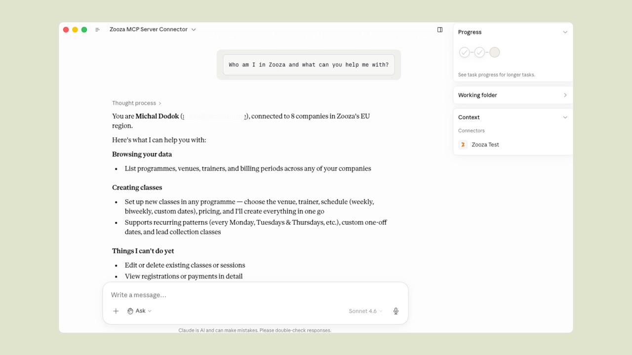 Claude showing user identity, connected companies, and a list of available capabilities