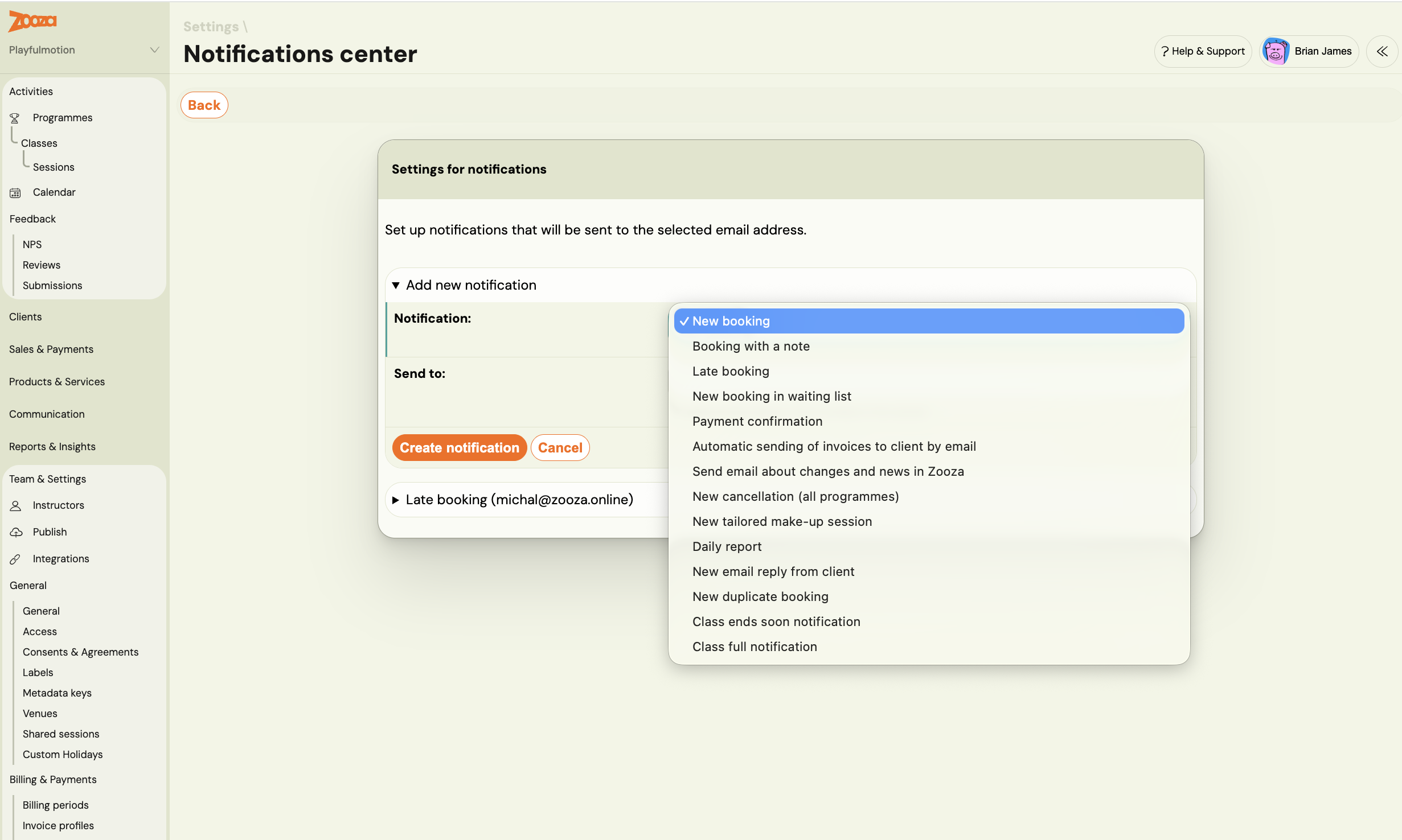 The notification type dropdown open on the Notifications center screen, listing every event from New booking down to Class full notification, including New email reply from client