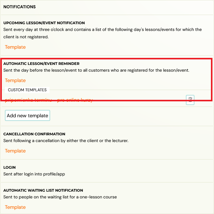 Notifications section in templates