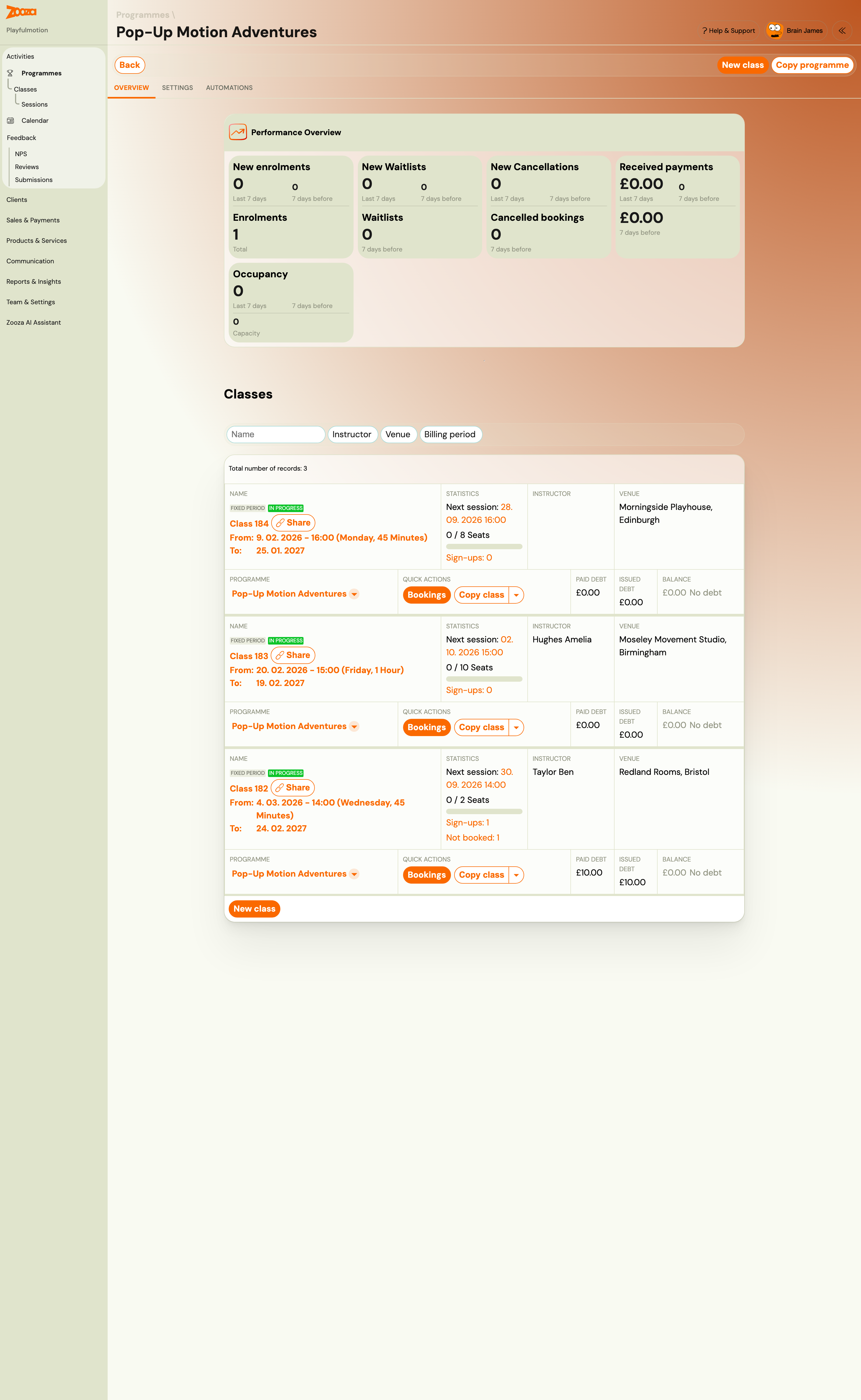 Classes on an open programme — next session, seats, Sign-ups and Not booked The Classes card on an open programme: each class shows its next session, seats on that session, and a Sign-ups count; the class with a booking also shows Not booked: 1
