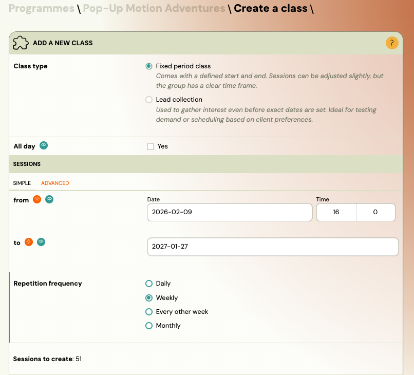 Add sessions form Adding sessions to a class
