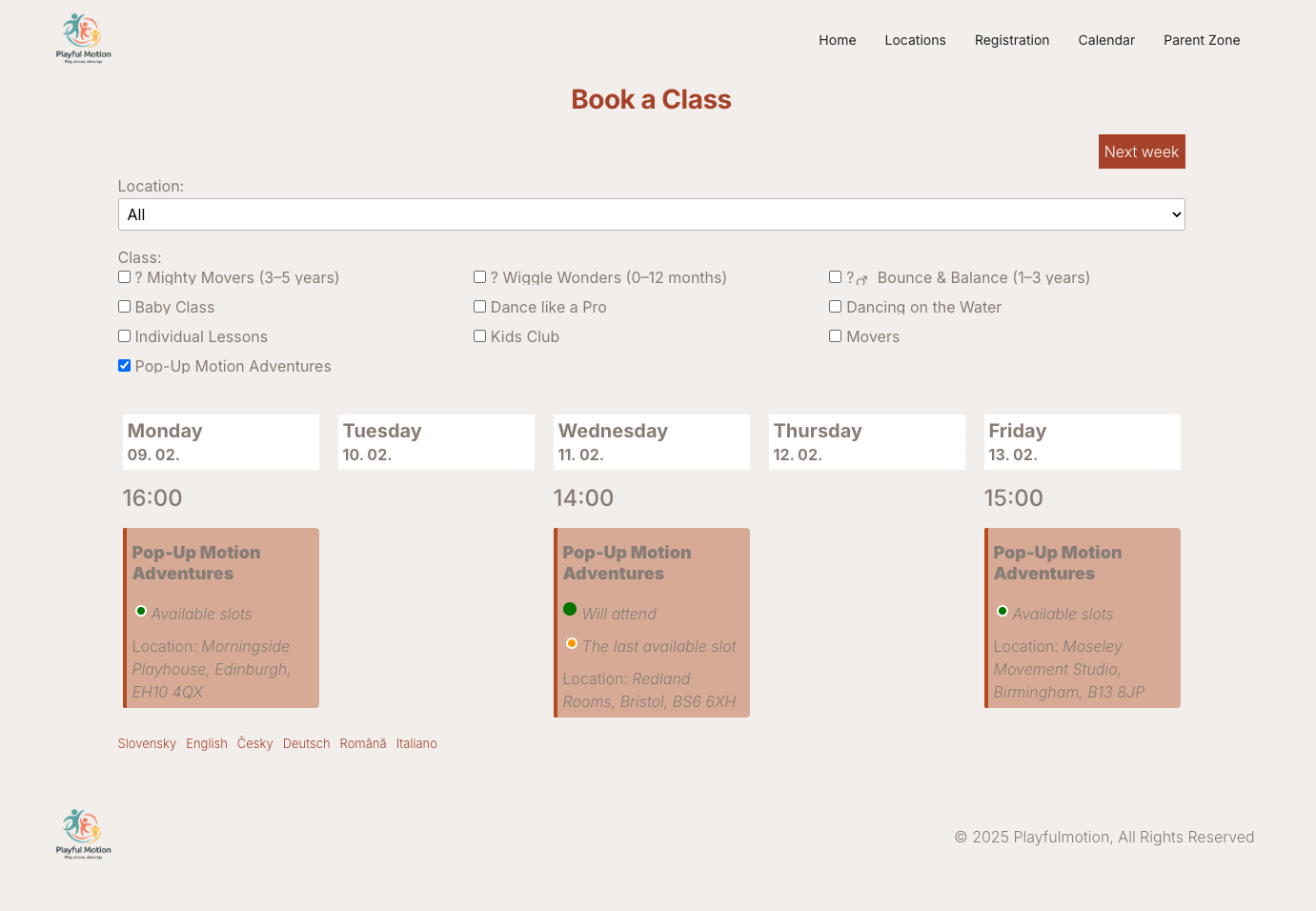 Calendar widget on website showing available sessions Calendar widget — booking sessions