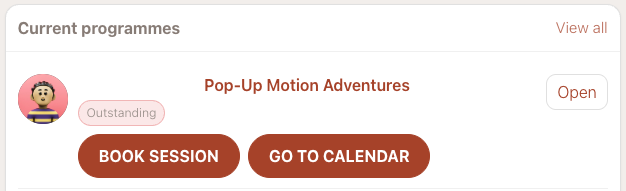 Client profile showing Book Session and Go To Calendar buttons Client view — Book session button