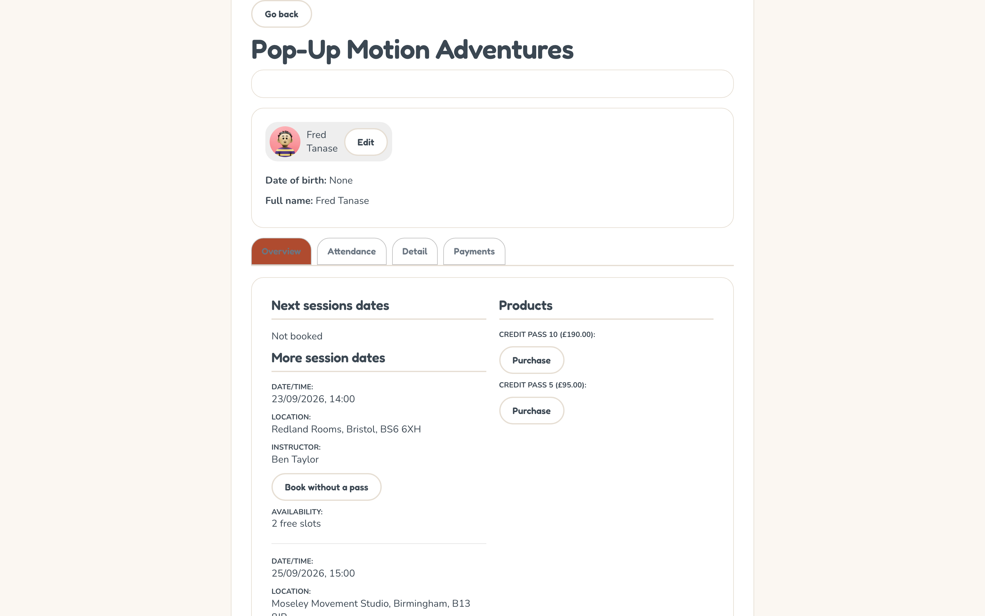 Client view — Book session button