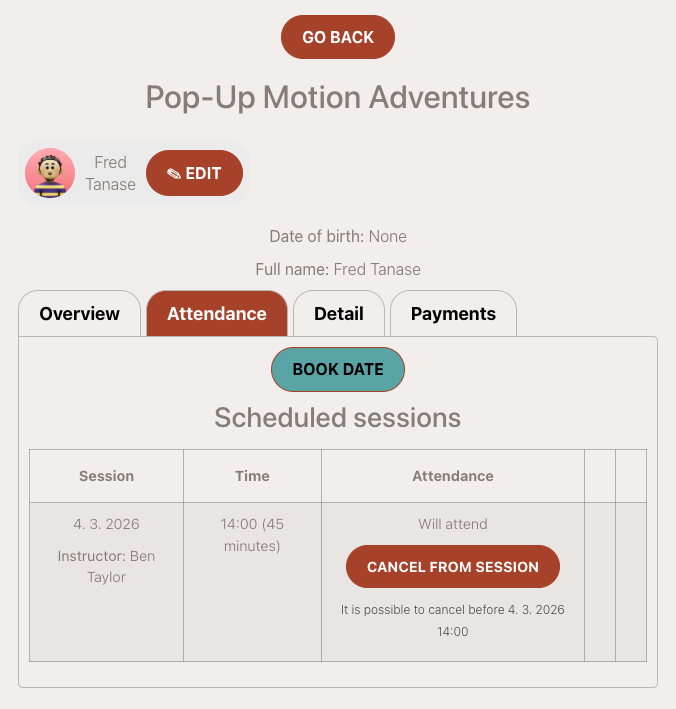 Session selection in client profile Client view — selecting available sessions