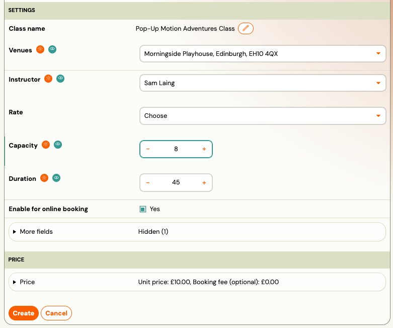 Class creation form Creating a class in Pay-as-you-go programme