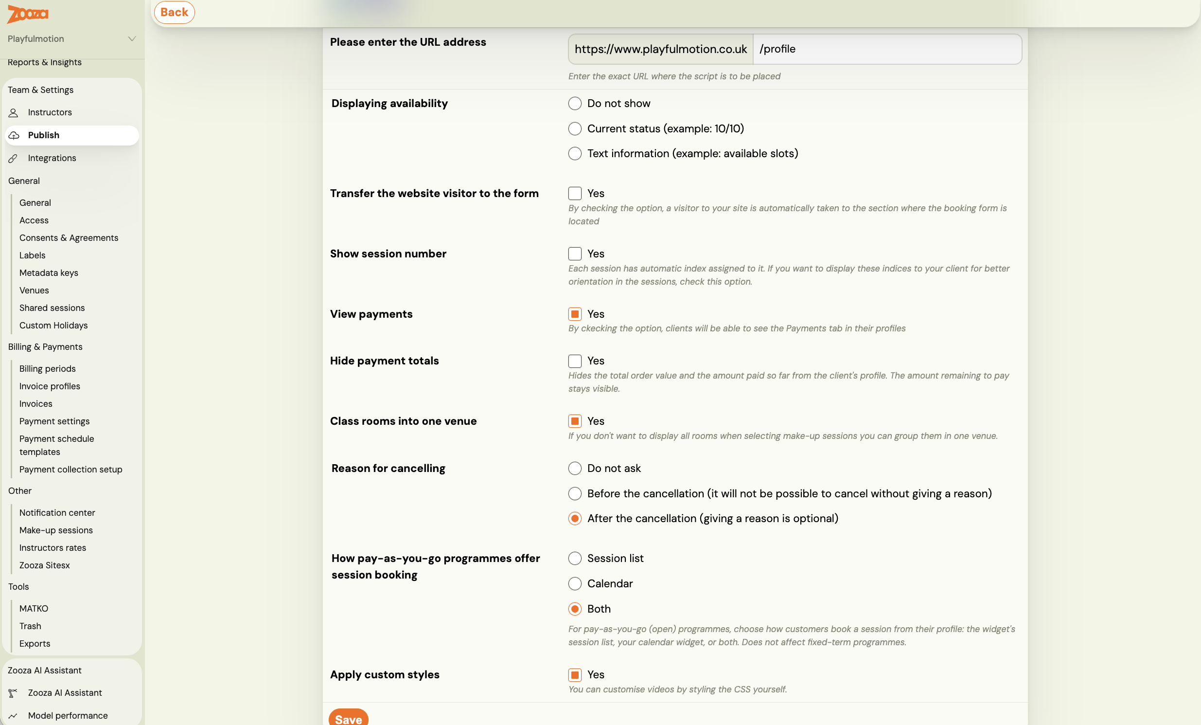 The profile widget settings with How pay-as-you-go programmes offer session booking set to Both, showing the Session list and Calendar options above it