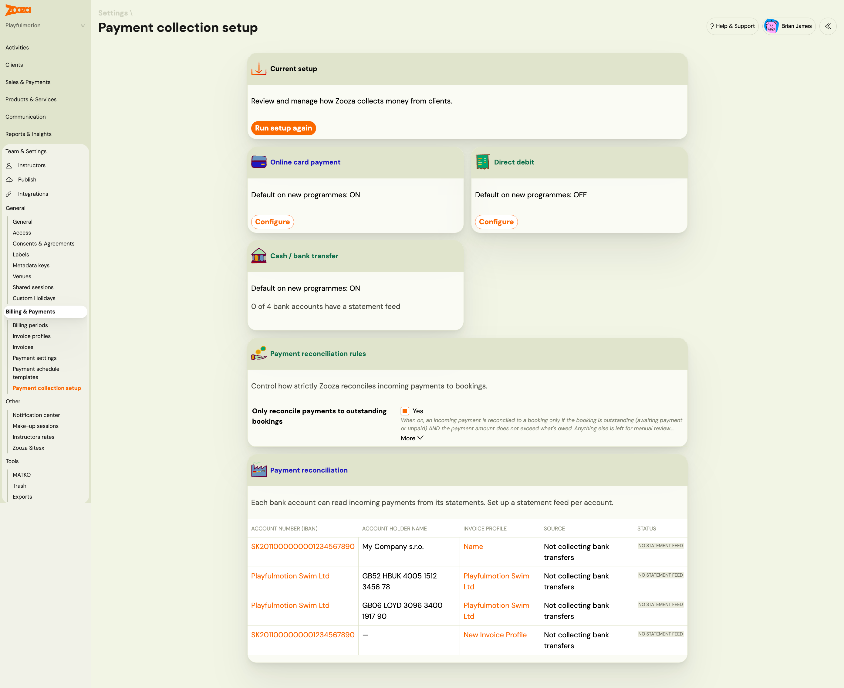 Payment collection setup: the three payment channels, the reconciliation rule, and the per-account statement feed table