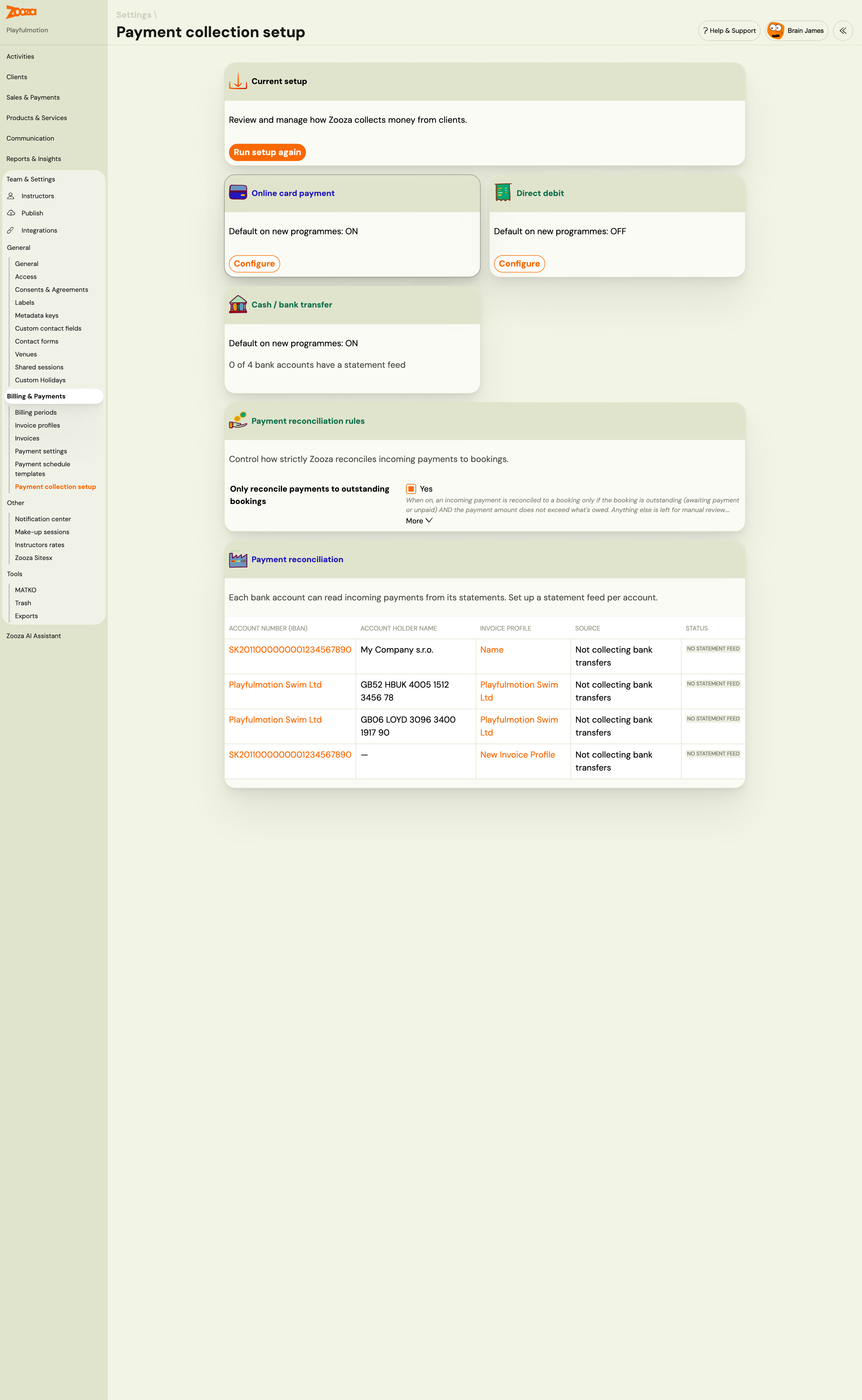 Payment collection setup: the three payment channels, the reconciliation rule, and the per-account statement feed table