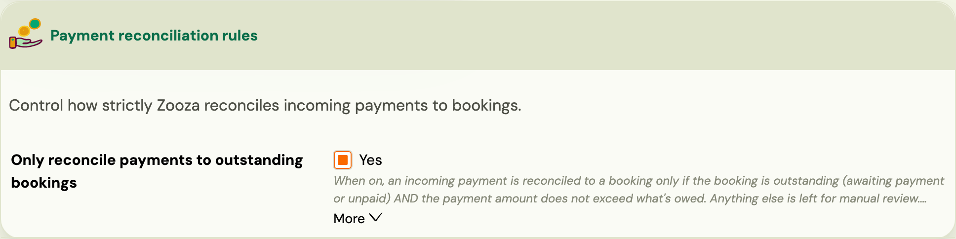 Payment reconciliation rules card with the Only reconcile payments to outstanding bookings switch