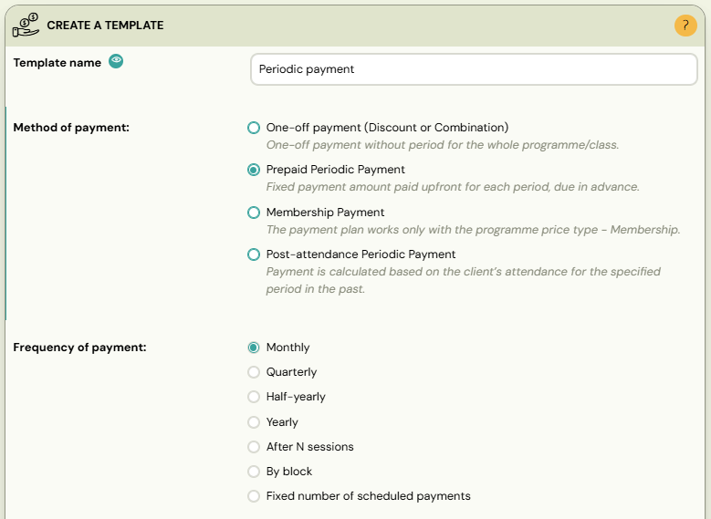 Screenshot — payment templates creation