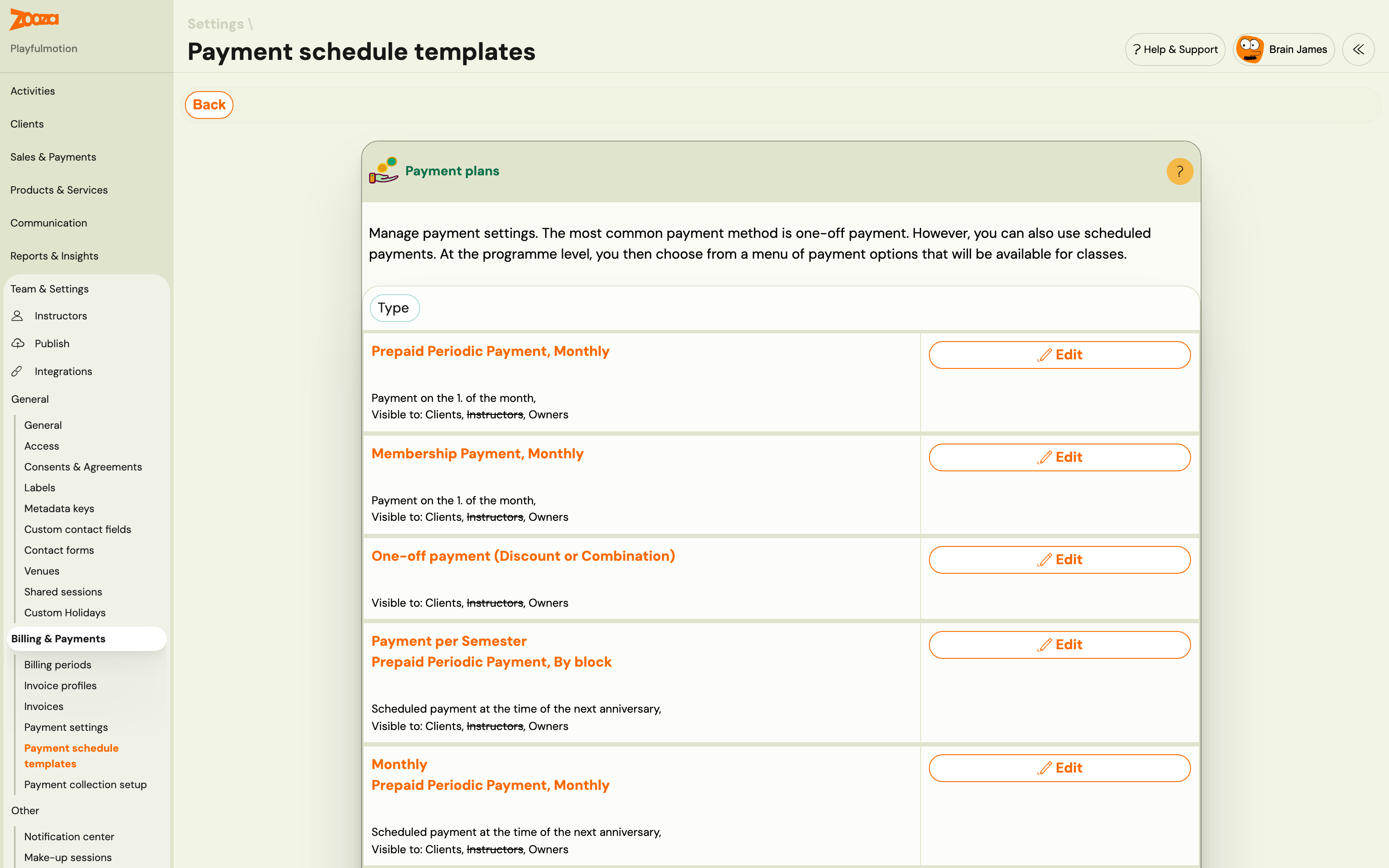 Payment schedule templates list with an Edit button per template