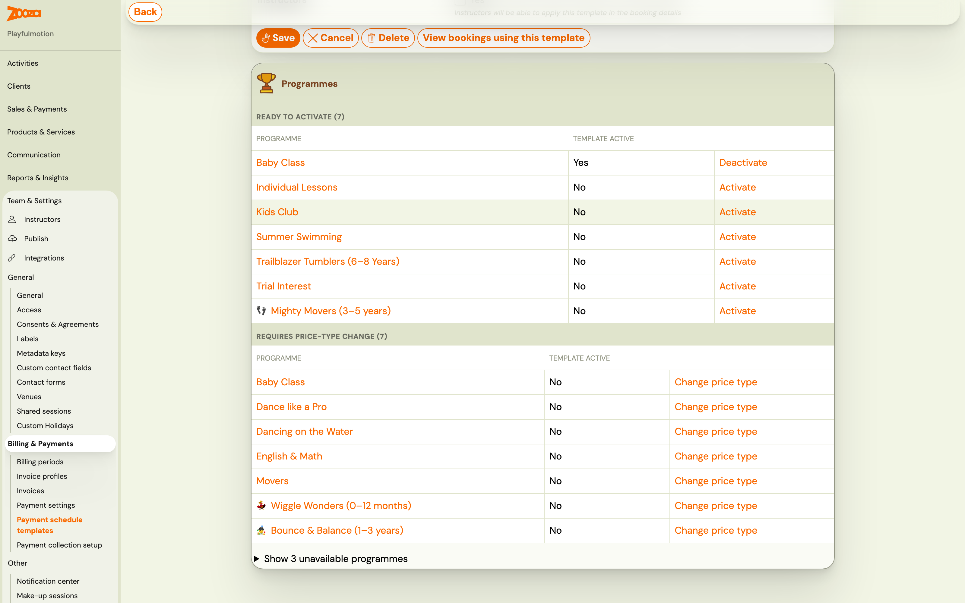 Programmes card on a payment template with Activate and Change price type actions
