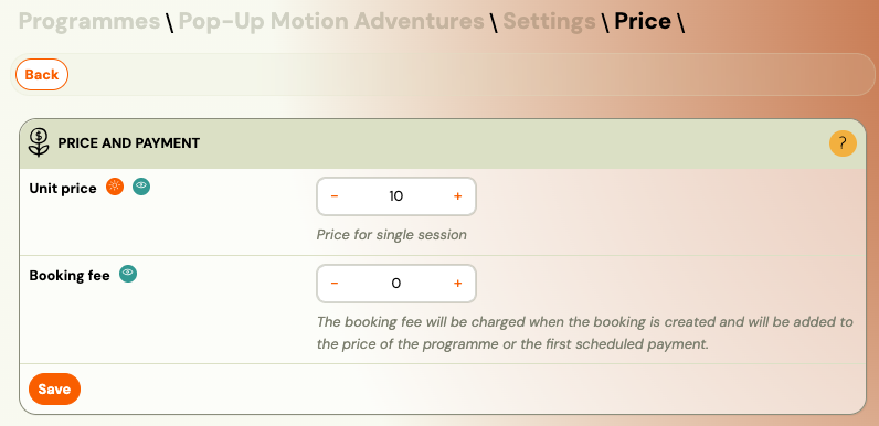 Screenshot — price and payment setup