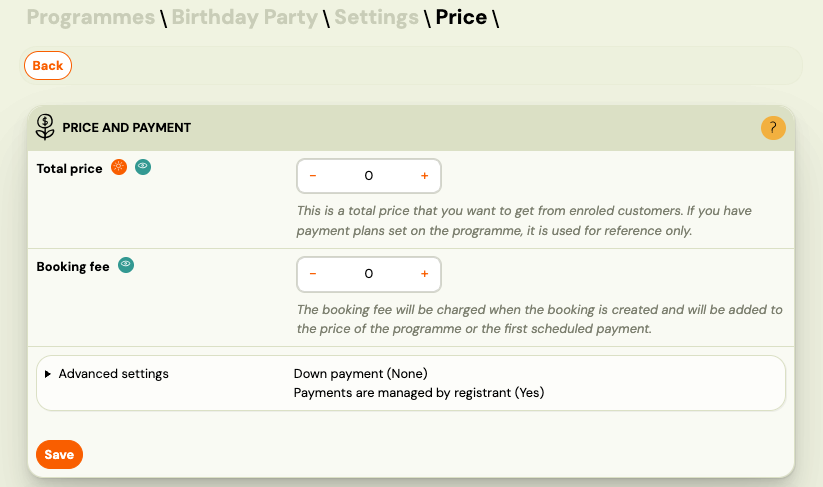 Screenshot — price and payment setup