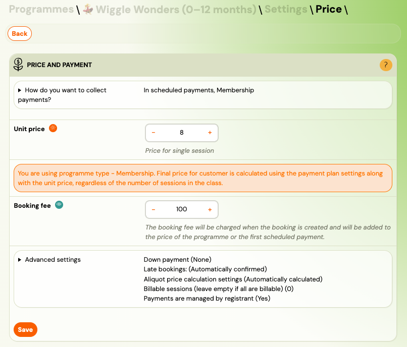 Screenshot — price and payment setup