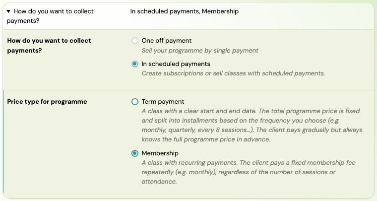 Screenshot — price and payment setup