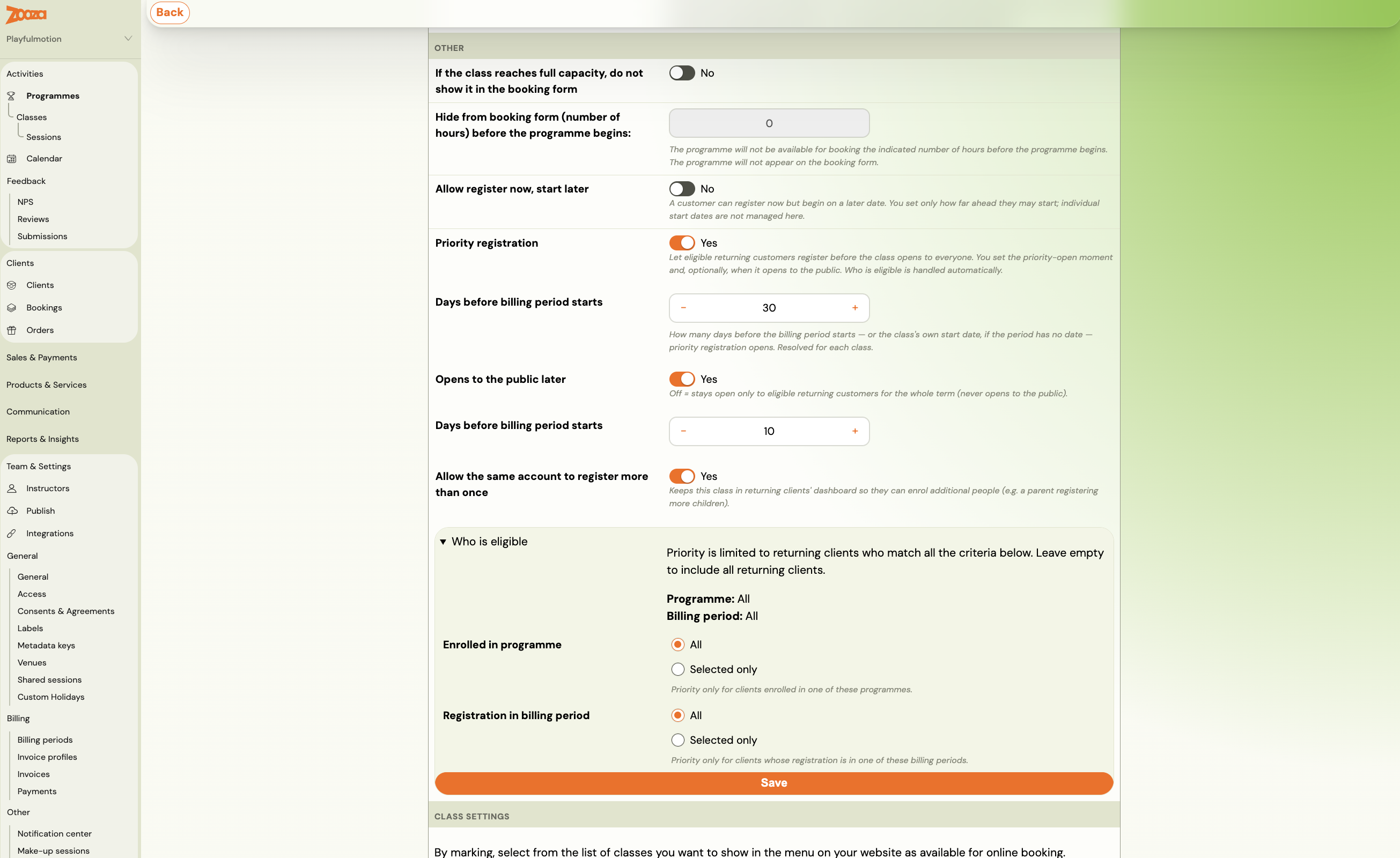 Priority registration on the Online booking settings, with its dates and eligibility criteria