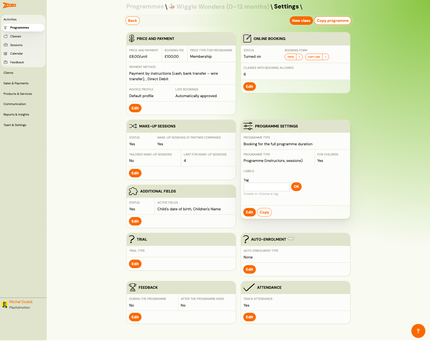 Programme Settings overview