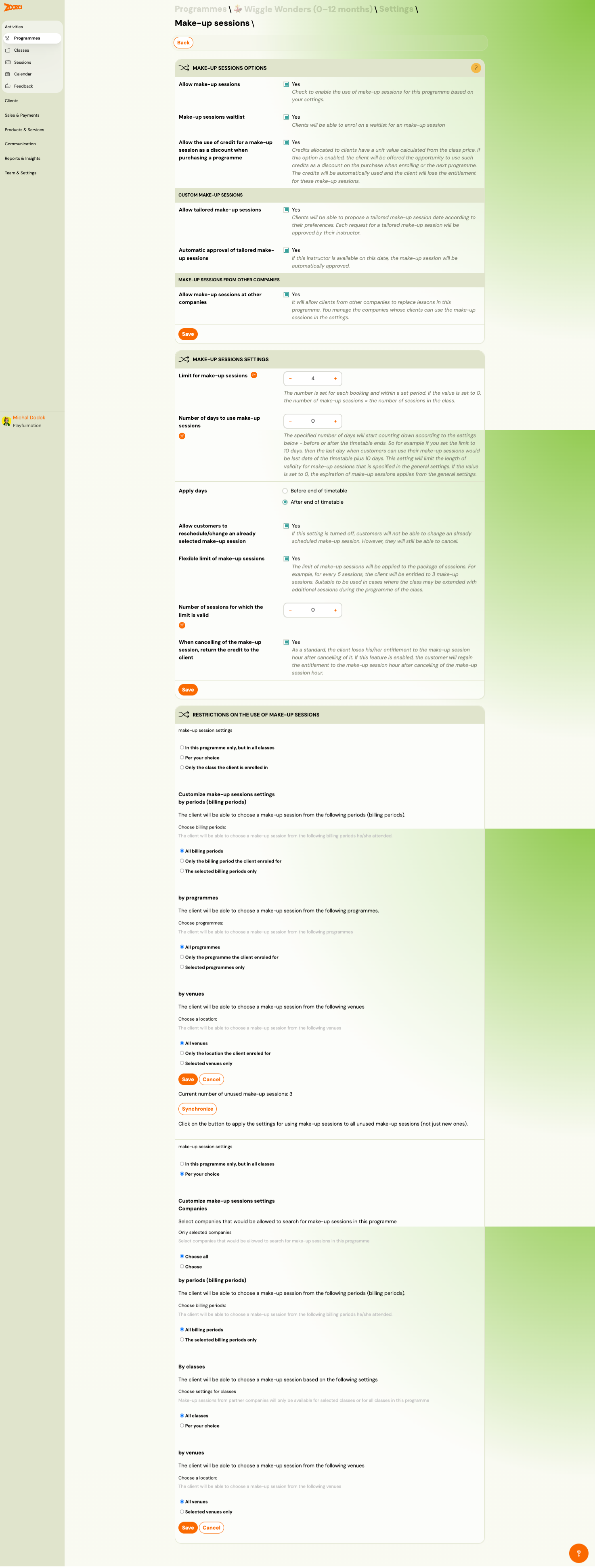 Make-up Sessions settings