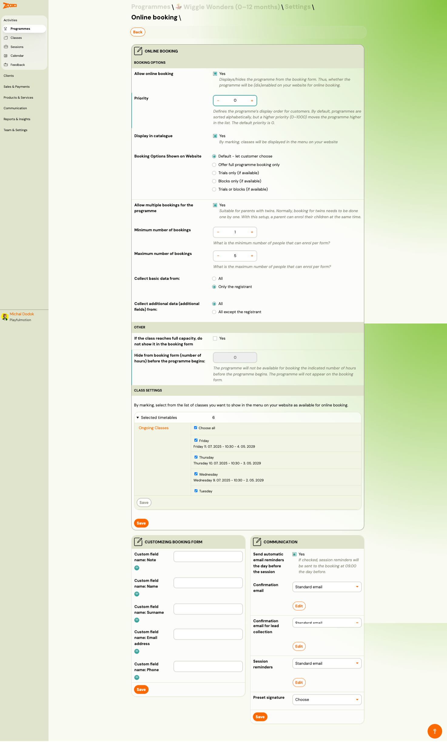 Online Booking settings